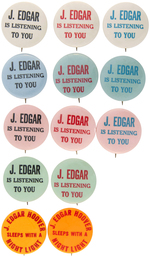 ANTI J. EDGAR HOOVER SLOGAN BUTTONS C. 1970 IN COLOR VARIETIES FROM THE LEVIN COLLECTION.