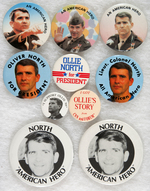 OLIVER NORTH AMERICAN HERO AND FOR PRESIDENT BUTTONS 1986-88 FROM THE LEVIN COLECTION.