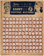 STORE CARD OF 120 "SASSY (BUT NICE) PICTURE BUTTONS" FROM THE 1940s.