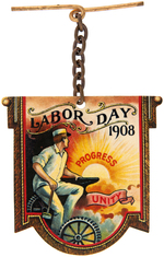 "LABOR DAY 1908" CELLULOID WATCH FOB WITH STRIKING GRAPHICS AND COLOR.