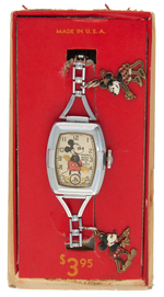 "MICKEY MOUSE INGERSOLL DE-LUXE WRISTWATCH" GIRL'S WATCH WITH CHARMS & BOX.