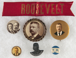 THEODORE ROOSEVELT FOUR BUTTONS, TWO LAPEL STUDS, AND 4" RIBBON.