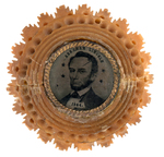 "ABRAHAM LINCOLN 1864" RARE FERROTYPE IN RARE BUT BROKEN BROOCH STYLE HORN FRAME.