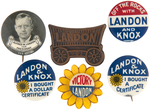 FIVE LANDON BUTTONS AND BANDWAGON PIN-BACK.