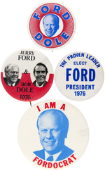 FOUR UNCOMMON FORD BUTTONS INCLUDING SPIROGRAPH, JUGATE AND "FORDOCRAT."