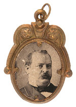 CLEVELAND 1888 BRASS SHELL JUGATE LAPEL STUD AND CARDBOARD PHOTO OVAL HANGER.