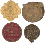 CLEVELAND TRIO OF 1888 BRASS LAPEL STUDS PLUS EARLY HINGED CLIP-ON TAB.