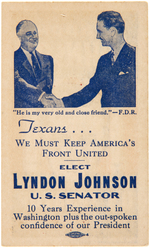 "LYNDON JOHNSON U.S. SENATOR" EARLY CAREER LBJ TWO SIDED CARD FEATURING FRANKLIN D. ROOSEVELT.