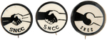 THREE CIVIL RIGHTS "SNCC" BLACK AND WHITE HAND SHAKE BUTTONS INCLUDING RARE VARIETY.