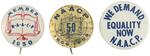 THREE NAACP LITHO BUTTONS INCLUDING "1950," "1959" AND "WE DEMAND EQUALITY NOW."