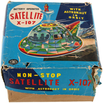 "SATELLITE X-107 WITH ASTRONAUT IN ORBIT" BOXED BATTERY-OPERATED TOY.