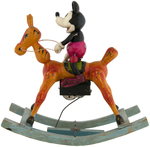 "MICKEY MOUSE ON ROCKING HORSE" EARLY 1930s CELLULOID & WOOD WIND-UP.