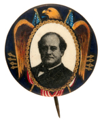 BRYAN 1908 BEAUTIFUL COLOR PORTRAIT BUTTON WITH EAGLE AND FLAGS.