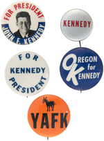 FIVE UNCOMMON KENNEDY BUTTONS AND TWO COATTAIL CARDS.