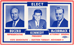 FIVE UNCOMMON KENNEDY BUTTONS AND TWO COATTAIL CARDS.