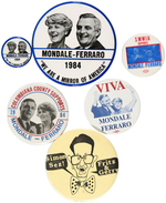 SIX UNCOMMON MONDALE ITEMS INCLUDING FIVE JUGATE BUTTONS AND CARTOON "SIMON SEZ!"