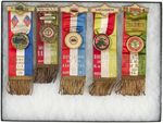 TEN RAILROAD RIBBON BADGES FOR VARIOUS UNIONS FROM EARLY 1900s.