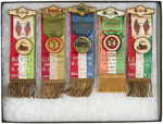 TEN RAILROAD RIBBON BADGES FOR VARIOUS UNIONS FROM EARLY 1900s.