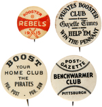 PIRATES THREE PHOTO PLATE BUTTONS FROM MUCHINSKY BOOK PLUS "BOOSTER REBELS 1915."