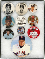 YASTRZEMSKI TWO MUCHINSKY BOOK PLATE BUTTONS PLUS EIGHT ADDITIONAL BOSTON PLAYERS.