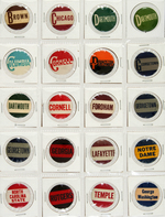 PEPSIN GUM 13 OF 18 SCHOOL INITIAL BUTTONS PLUS TWO SHEETS OF MORE RECENT COLLEGE NAMES.