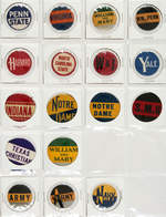 PEPSIN GUM 13 OF 18 SCHOOL INITIAL BUTTONS PLUS TWO SHEETS OF MORE RECENT COLLEGE NAMES.