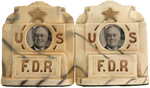 ROOSEVELT "US FDR" BOOK ENDS WITH APPLIED SMILING PHOTO.