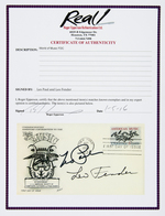 GUITAR PIONEERS LES PAUL & LEO FENDER SIGNED FIRST DAY COVER.