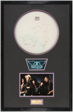 AEROSMITH BAND-SIGNED DRUMHEAD FRAMED DISPLAY & STEVEN TYLER SIGNED TAMBOURINE.