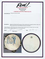 AEROSMITH BAND-SIGNED DRUMHEAD FRAMED DISPLAY & STEVEN TYLER SIGNED TAMBOURINE.