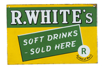 "R. WHITE'S SOFT DRINKS" DOUBLE-SIDED PORCELAIN FLANGE ADVERTISING SIGN.