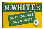 "R. WHITE'S SOFT DRINKS" DOUBLE-SIDED PORCELAIN FLANGE ADVERTISING SIGN.