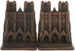 BRONZED CAST IRON BOOKENDS TRIO - PIRATE, LION & CATHEDRAL.