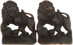 BRONZED CAST IRON BOOKENDS TRIO - PIRATE, LION & CATHEDRAL.