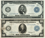 PAIR OF 1914 $5 AND $10 FEDERAL RESERVE NOTES FR890 AND FR931A.