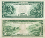 PAIR OF 1914 $5 AND $10 FEDERAL RESERVE NOTES FR890 AND FR931A.