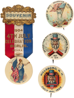 FOUR JULY 4TH EARLY COLORFUL AND SCARCE BUTTONS WITH TWO FOR UNCLE SAM AND TWO FOR MISS LIBERTY.