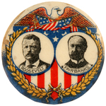 ROOSEVELT JUGATE BUTTON WITH WREATH, EAGLE AND SHIELD.