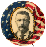 ROOSEVELT AT CENTER OF FLAG GORGEOUS COLOR BUTTON BY BALTIMORE BADGE.