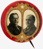 TAFT JUGATE BUTTON WITH OVAL PORTRAITS IN FANCY GOLD FRAME DESIGN ON DEEP RED BACKGROUND.