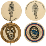 FOUR EARLY BICYCLE BUTTONS INCLUDING TWO SHOWING RACING RIDERS.