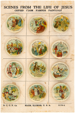 "SCENES FROM THE LIFE OF JESUS" COMPLETE SET OF 12 CARDED LITHO BUTTONS.