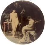 COLOR TINTED REAL PHOTO SEPIA MIRROR PICTURING TWO NUDE WOMEN.