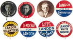 EIGHT 7/8" LANDON BUTTONS INCLUDING PICTURES, SLOGANS AND COATTAILS.