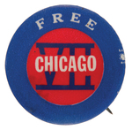 SCARCE "FREE CHICAGO VII" ANTI-VIETNAM WAR BUTTON.