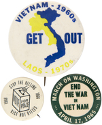 THREE SCARCE ANTI-VIETNAM BUTTONS INCLUDING "RICE NOT RIFLES."