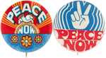 PAIR OF STRIKING GRAPHIC "PEACE NOW" BUTTONS.