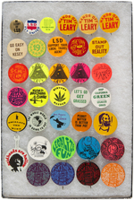 LSD, TIMOTHY LEARY, KESEY, MARIJANA COLLECTION OF 33 BUTTONS AND TWO DUPLICATES.