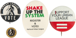 THREE URBAN LEAGUE BUTTONS AND SERVICE AWARD LAPEL BADGE.