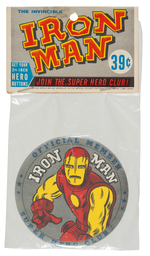 "THE INVINCIBLE IRON MAN - OFFICIAL MEMBER SUPERHERO CLUB" BAGGED BUTTON.